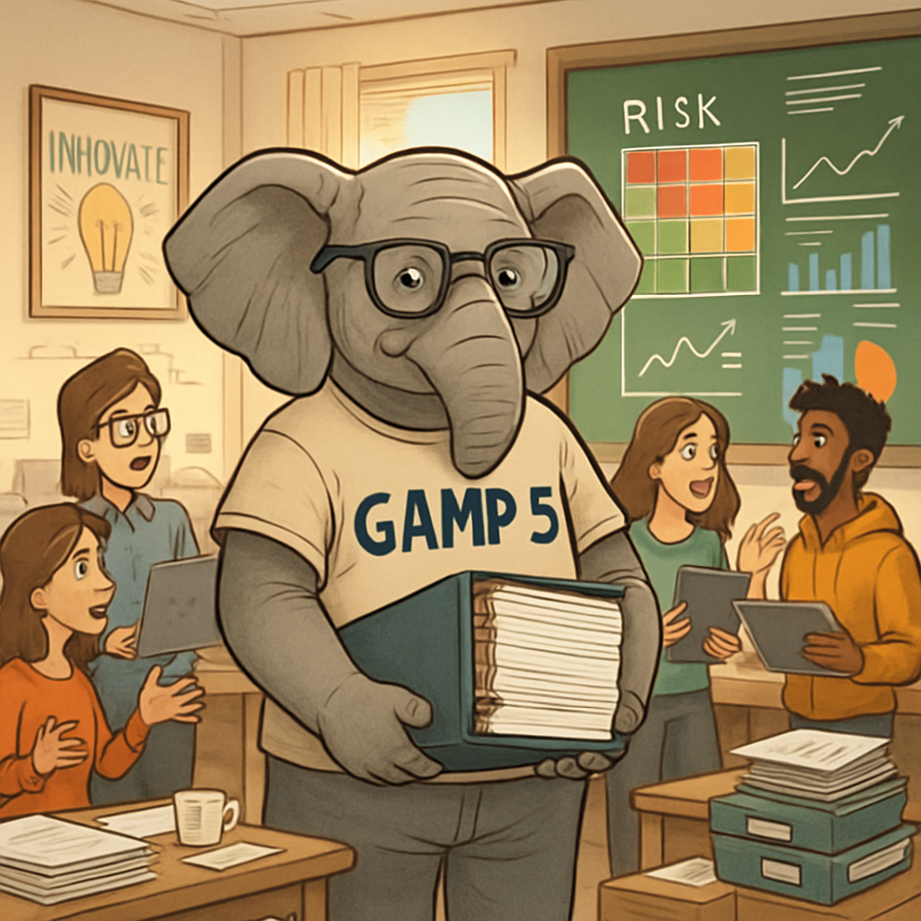 The image features a whimsical cartoon illustration depicting a vintage elephant wearing a GAMP 5 tshirt standing confidently in a cluttered office en
