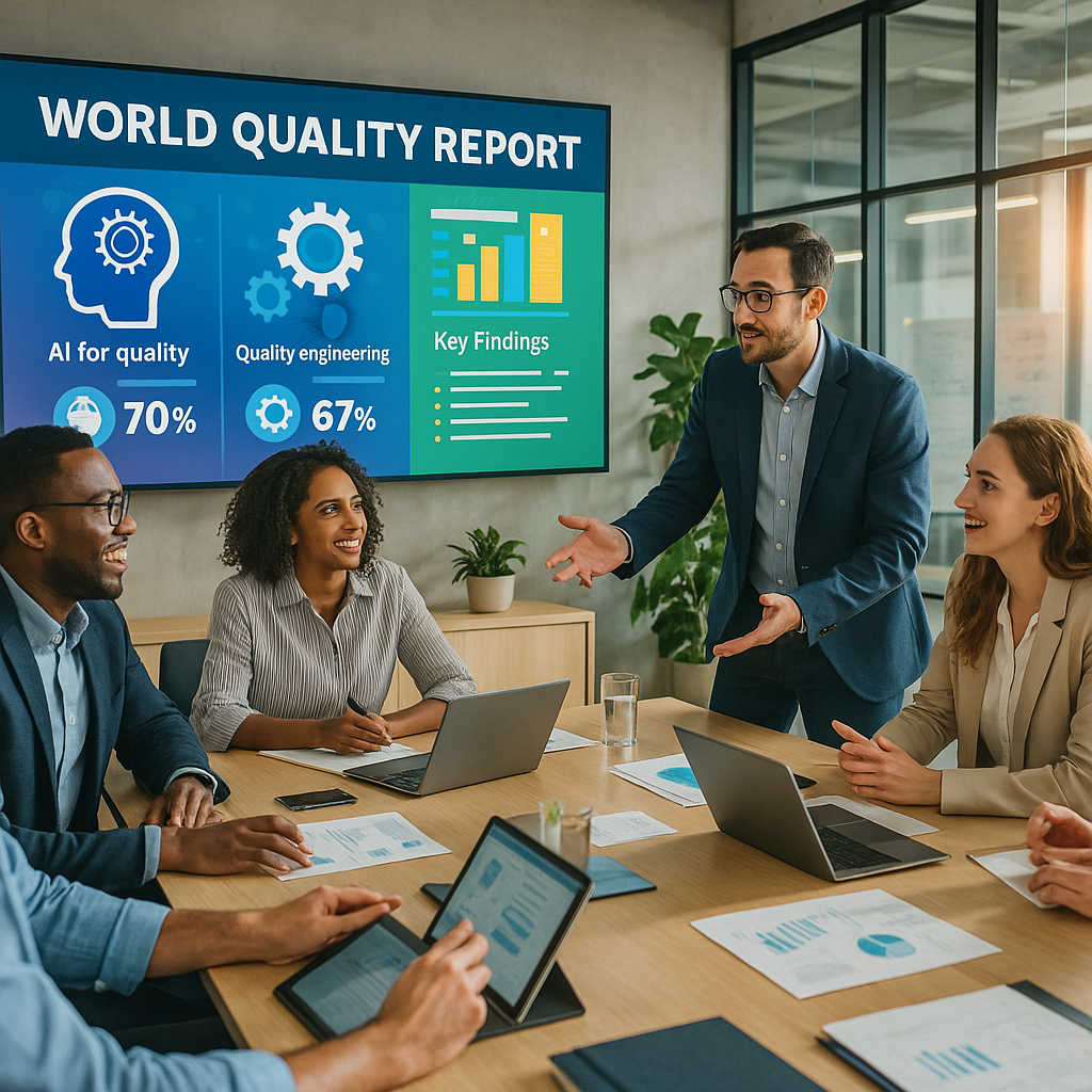 Team around a table contemplating World Quality Report